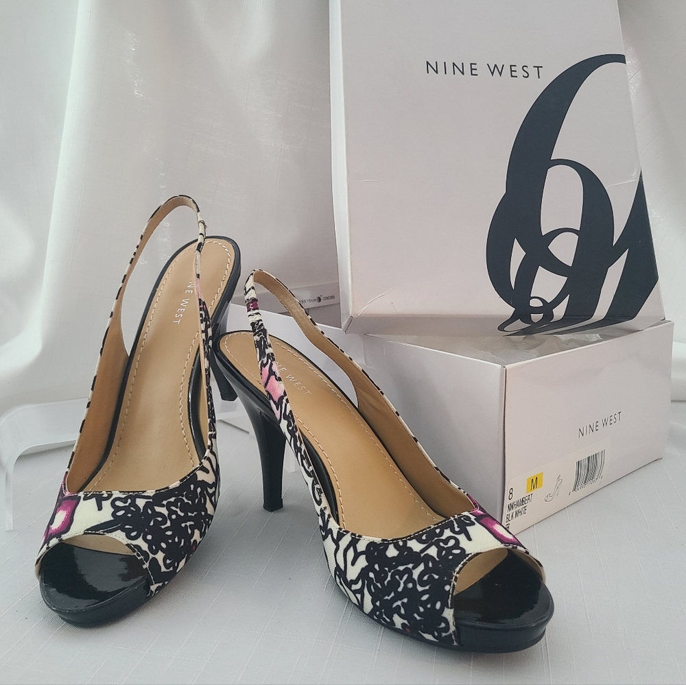 Nine West, Sling backs, Black-White-Pink, size 8